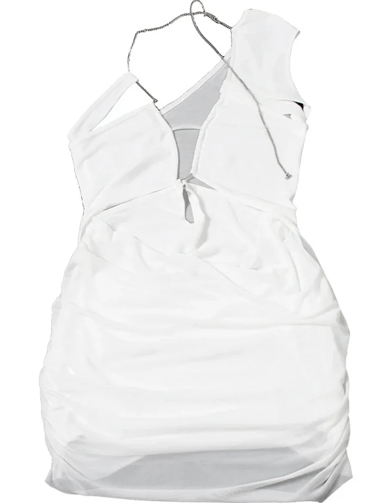 BWQ Women's Halter V Neck Cut Out Metal Chains Short Dress Sexy Hollow Out Mesh Ruched Night Out Party Dresses Clubwear 2025