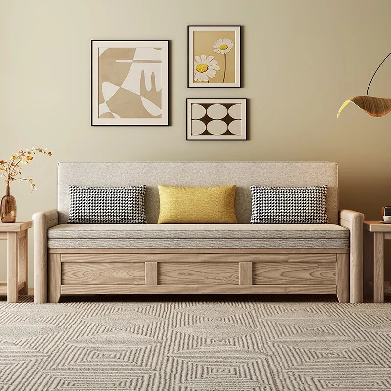 Ash wood solid wood sofa bed, multi-functional push-pull storage, folding and retractable, winter and summer dual-use