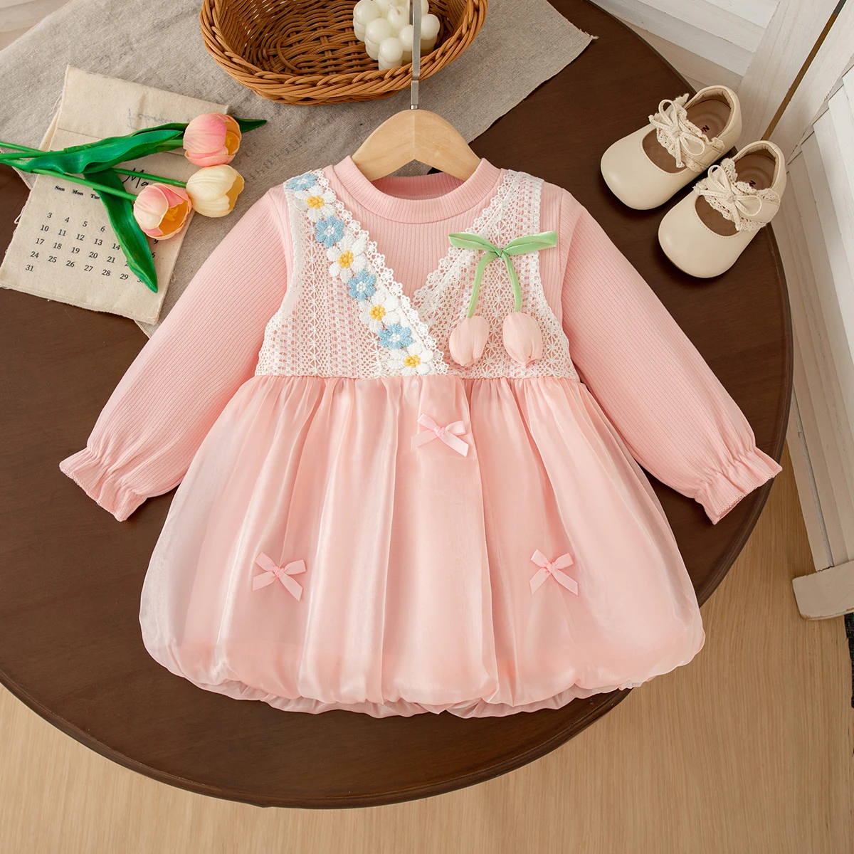 Gentle Wind Autumn/Winter New Girl Dress Sweet Mesh Princess Dress Long Sleeve Baby Girl Birthday Dress Daily Travel Dress