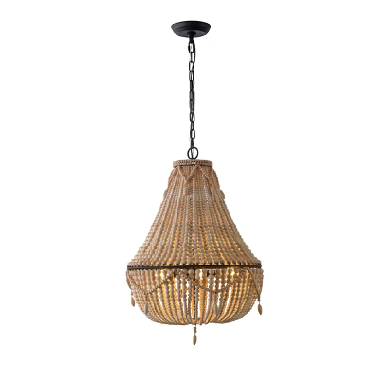 

Modern gold white creative bohemian wood bead chandelier, dining room ceiling hanging lighting decorative led light fixtures.