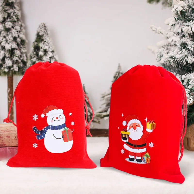 Christmas Velvet Bags Drawstring Candy Biscuits Pouch Red Bracelet Jewelry Packaging Bags Merry Christmas Storage Bags Wholesale