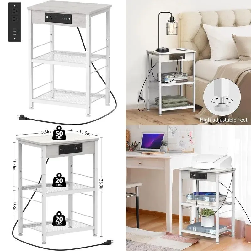 Modern Wooden End Side Table with USB Port and Socket for Bedroom Living Room Hotel Simple Iron Frame Design