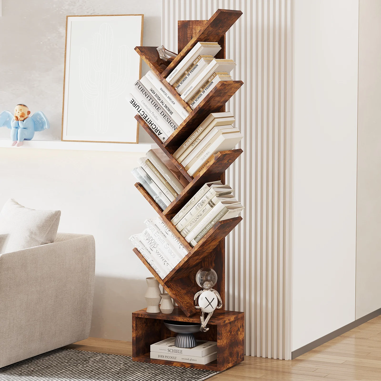 8-Tier Slant Bookshelf, MDF Open Display Bookcase with Anti-Fall Kit, Space-Saving Corner Storage Rack for Books, Plants & Decor, Easy Assembly for Living Room Bedroom Office