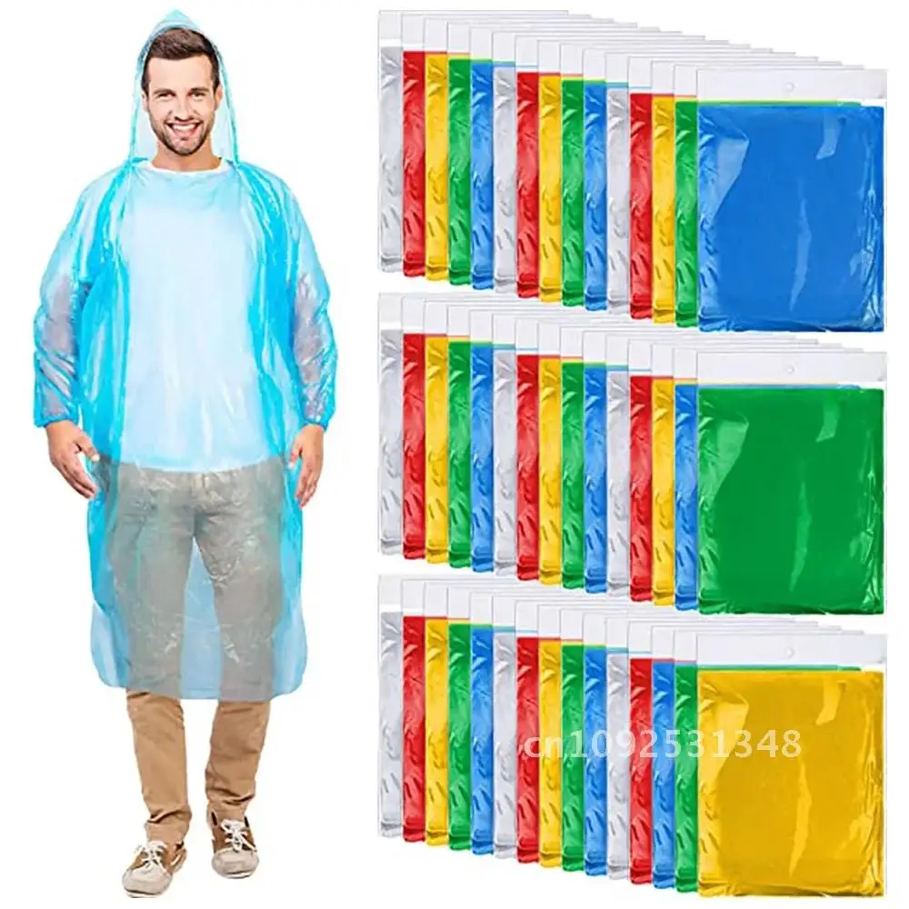 10/20/50 Pieces Rain Ponchos Adults Disposable Plastic Raincoats with Hood Portable Emergency Raincoats for Outdoor Activities