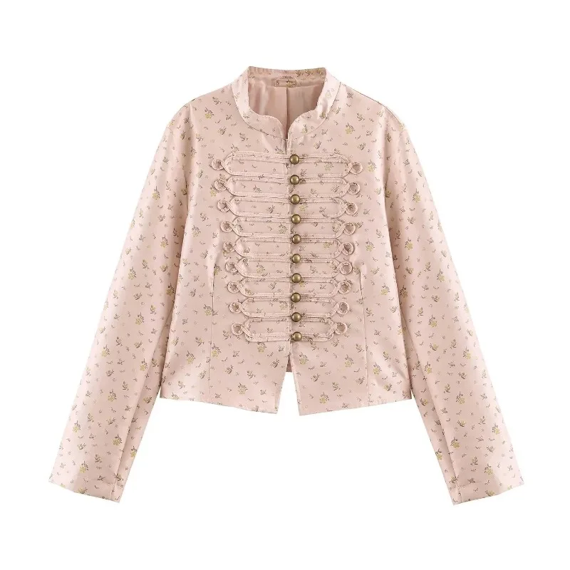 2026 French Vintage Women Comfortable To Wear Ditsy Floral Print Jacket Mandarin Collar Military Decor Buttons Slim Cropped Coat