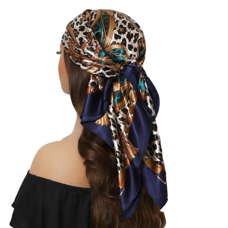 

90cm Chain Colored Square Scarf for Women Imitation Silk Scarves for Fashion Trendy Leopard Print Headscarf Shawl Scarf