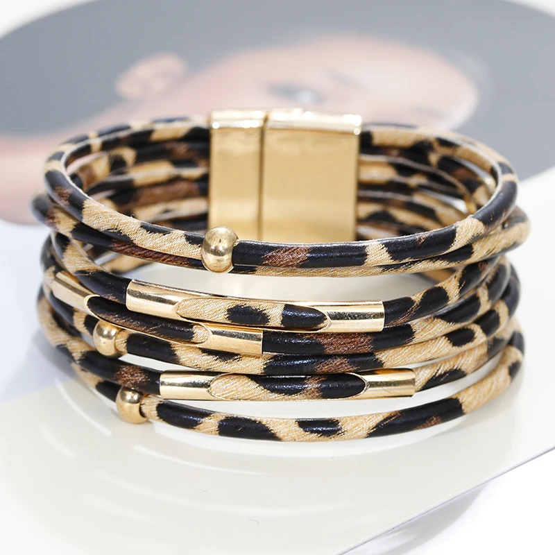 ALLYES Vintage Metal Tube Leopard Leather Bracelet for Women Men Boho Multilayer Wrap Wide Bracelets & Bangles Charm Jewelry