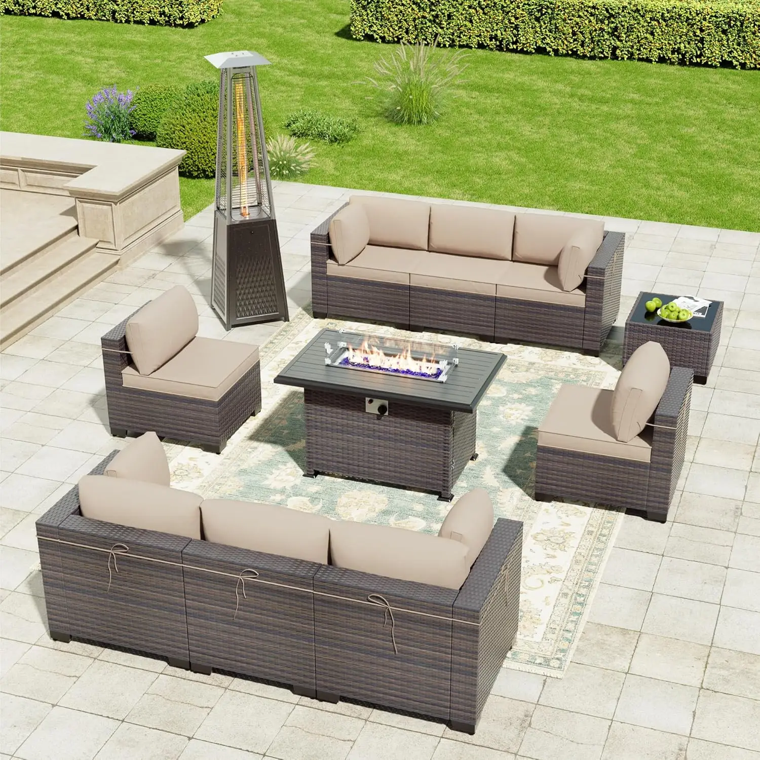 Kullavik 11 Pieces Outdoor Patio Furniture Set With 55000Btu Gas Propane Fire Pit Table,Pe Wicker Rattan Sectional Sofa Patio