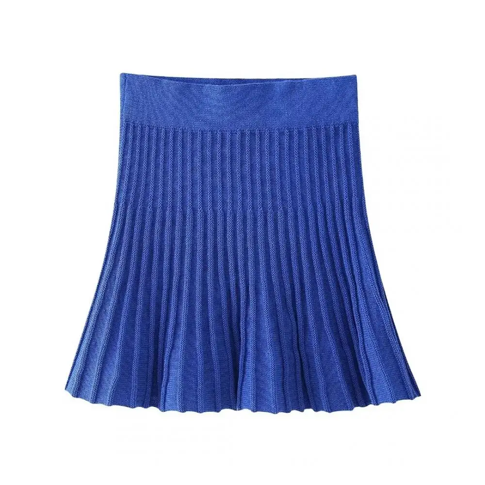 

Women Knitted Skirt A Line Mini Skirts Dark Blue Mid-Waist Pleated Short Dress Empire Casual Half Vestidos for Lady Streetwear