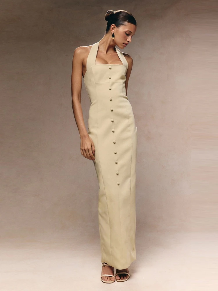 

Сексуальное длинное платье с бретелькой на шее и пуговицами, женское бежевое однобортное тонкое платье без рукавов с открытой спиной, вечернее офисное платье