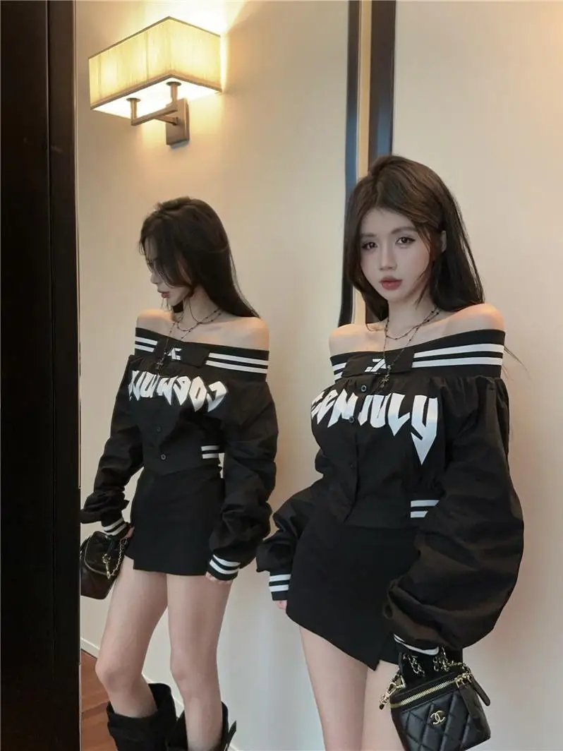 

Black Long Sleeve Letter Design Women's Shirt Spring Summer Print One Shoulder Slimming Fashionable Top Commute Style Polyest...