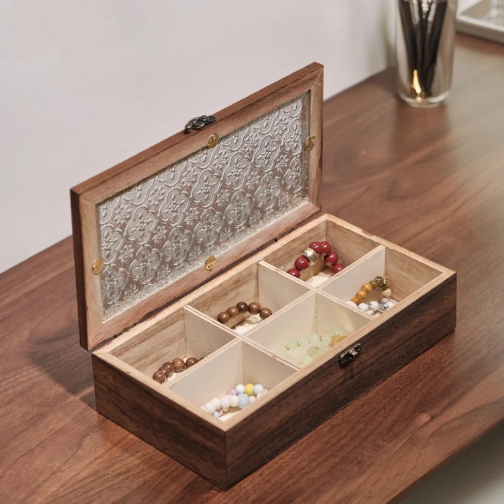 

Vintage Wooden Jewelry Storage Box Decorative Desktop Sorting Glass Cover Jewelry Box Crabapple Flower Flip Cover