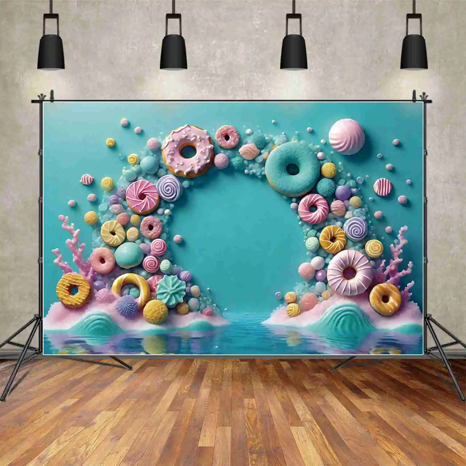 

MOON.QG Ocean Donut One Birthday Backgrounds Children's Doughnut Beach Summer Backdrops Custom Party Decoration Photozone Props