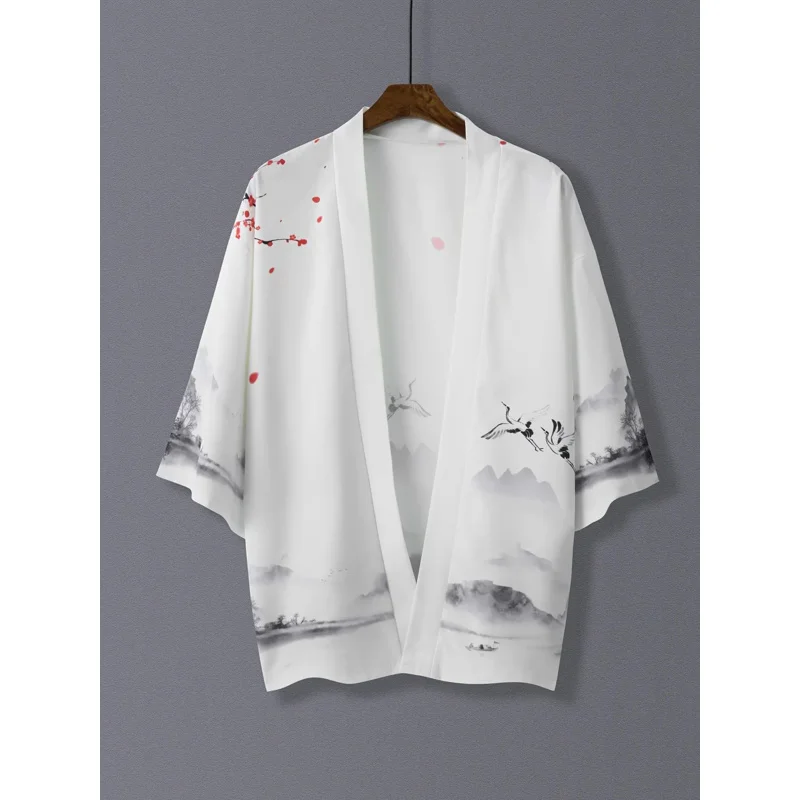 

Fashionable top, Japanese retro landscape print, niche design, feather woven cardigan, Taoist robe, thin jacket