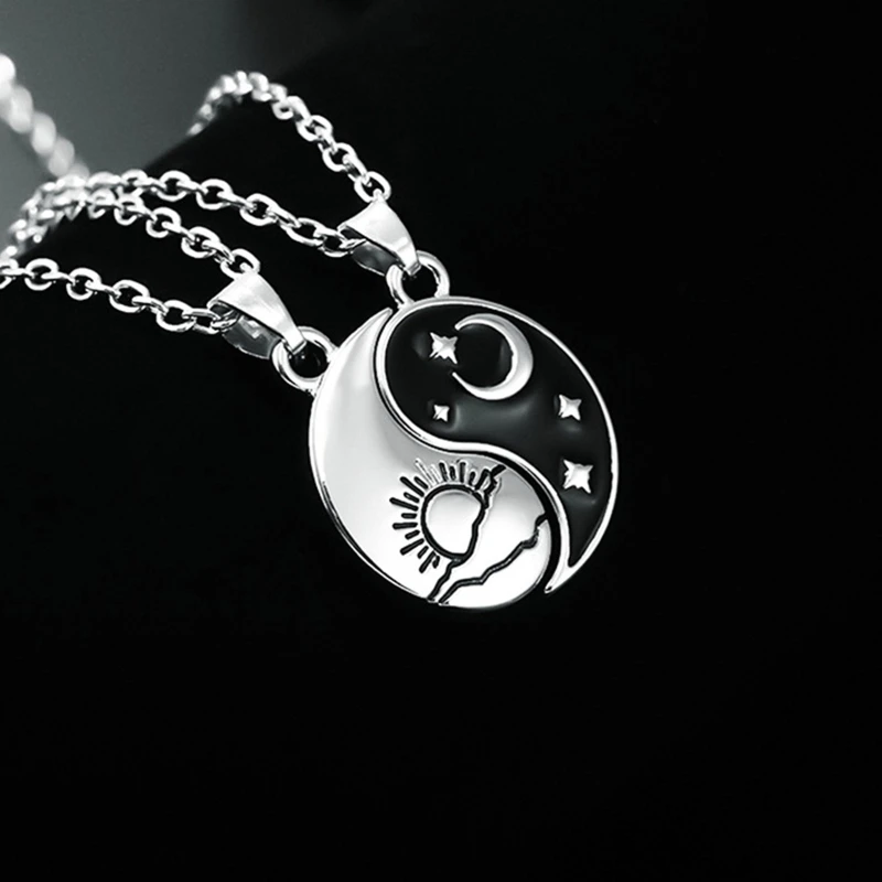 E0BF Yin Yang Couples Pendant Necklace Chain for Women Mens Matching for Sun Moon Stitching Friend Necklaces