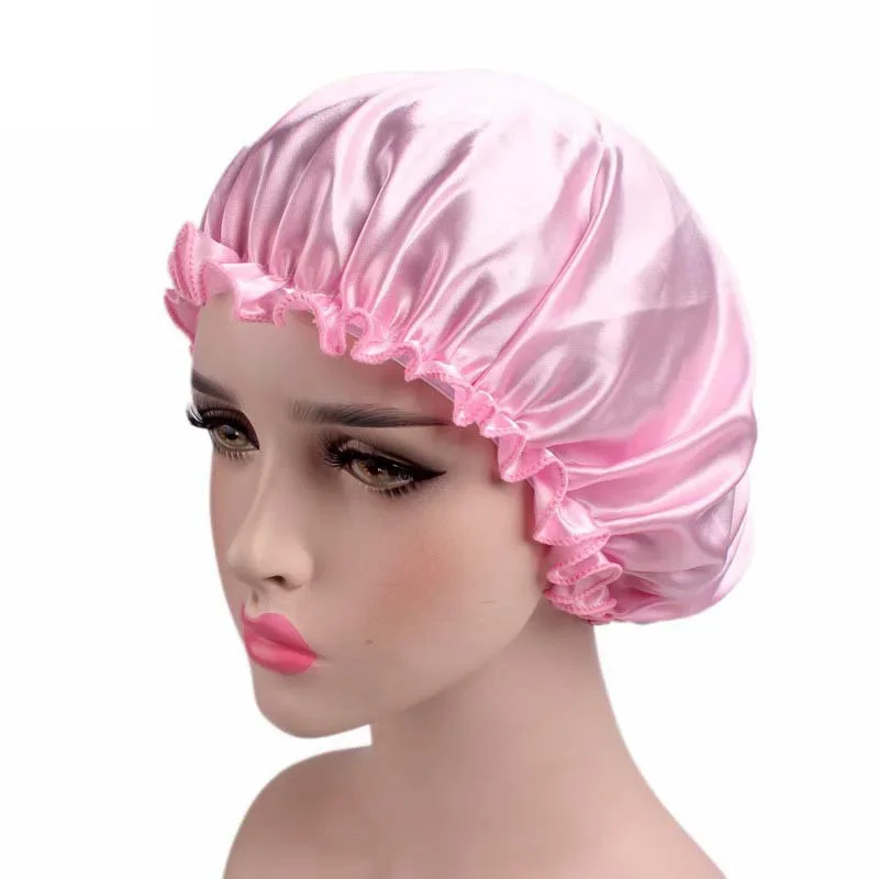 Women Silk Satin Night Sleep Cap Shower Caps Hair Care Beauty Bonnet Hat Head Cover Elastic Band Bathroom Shower Caps