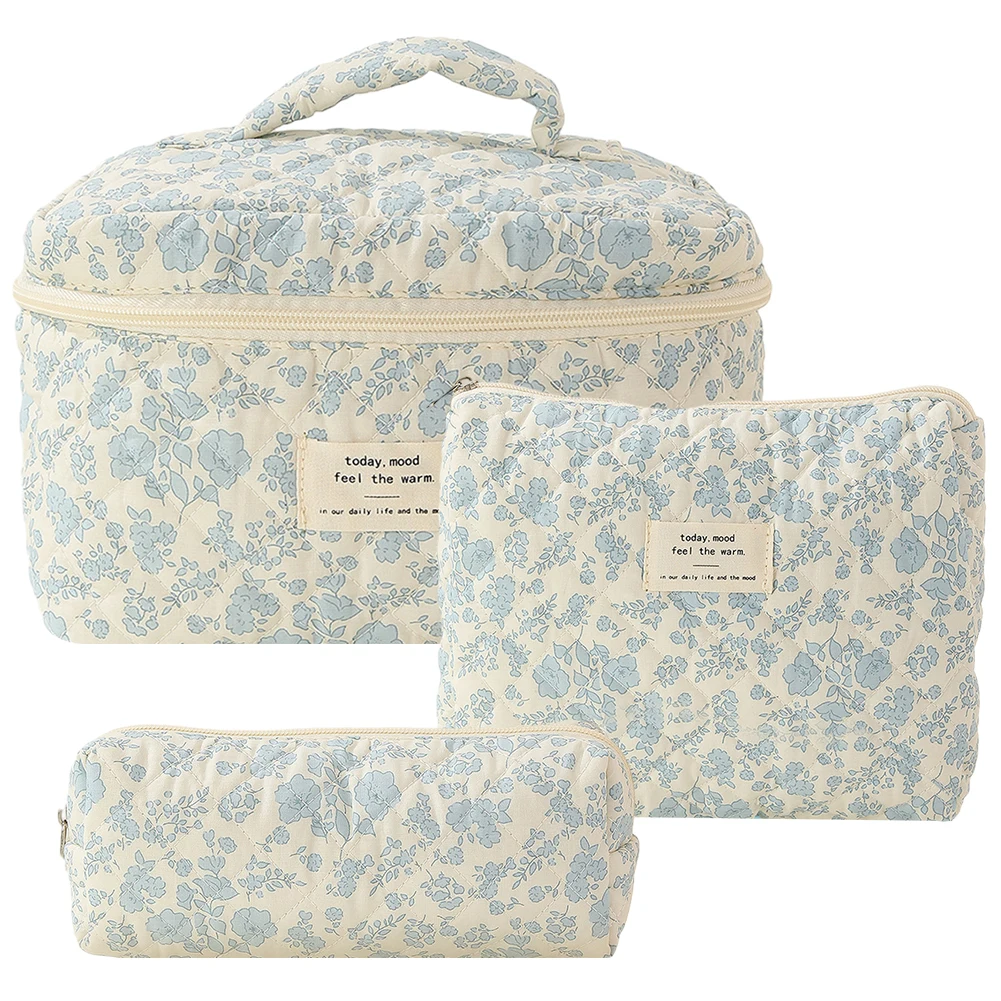 3 Pcs Cotton Quilted Makeup Bag Floral Printed Cosmetic Bag Cute Storage Bags Aesthetic Toiletry Wash Pouch Travel Organizer Bag