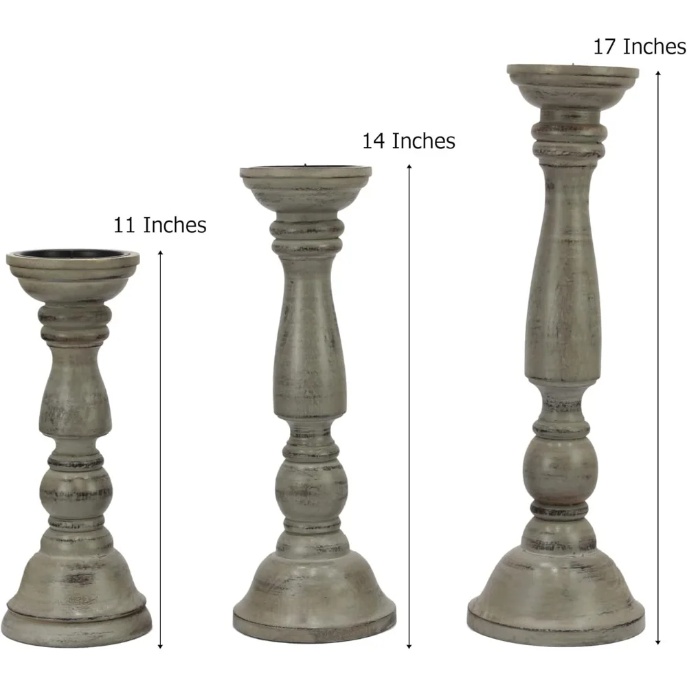 حامل عمود شمعة من الخشب الصلب - مجموعة من 3 حامل شمعدان منحوت يدويًا - مزرعة مركزية لطاولة العطلات الريفية البوهيمية