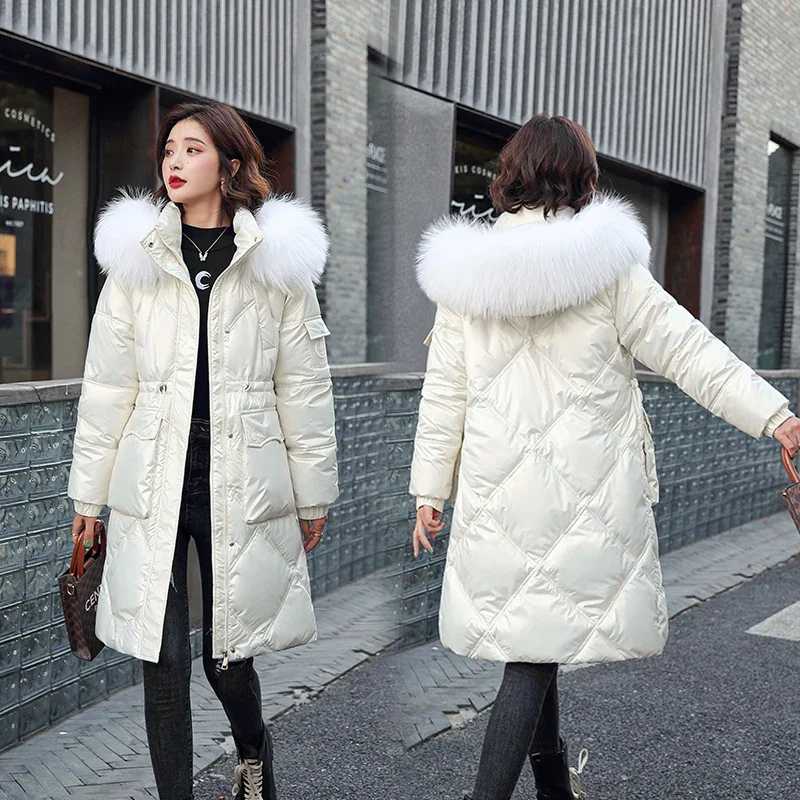 Glossy Design Chic Waistband Pockets Slim Thick Korean-Style Parka Ladies Warm Long Fur Collar Winter Coat Women Cheap Wholesale