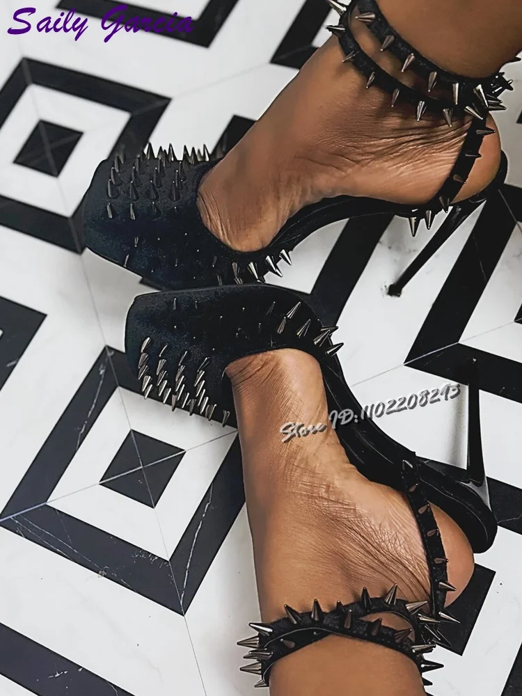 Sexy Suede Spikes Pumps Black Square Toe Shallow Rivet Cross-tied High Heels 2025 Summer New Elegant Party Fashion Women Shoes image 2