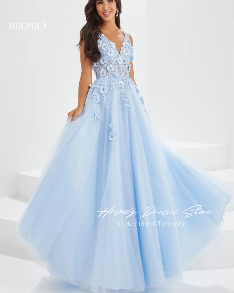 

Hoepoly Organza Prom Gown Floor-Length Floral Appliques Open Back Dress USA Euro Elegant Blue Party Dress For Sexy Women 2024