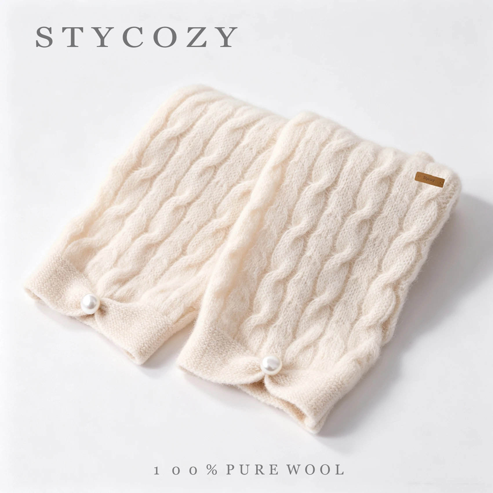 100% Wool Solid Cable Pearl Button Knit Gloves Women Winter Warm Fingerless Arm Warmers Female Without Fourchettes Mittens