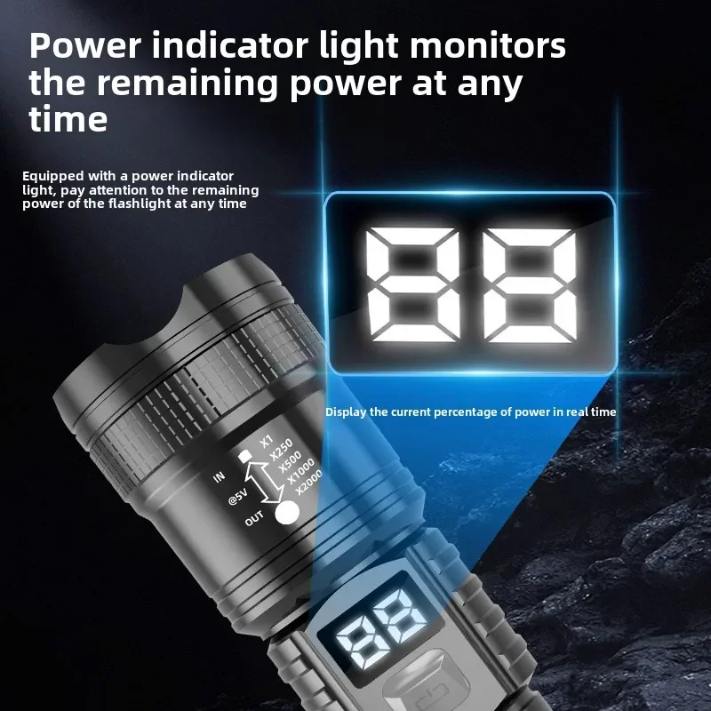 High Power White Laser Flashlight Multifunctional Digital Display Rechargeable Zoom Outdoor Patrol Searchlight