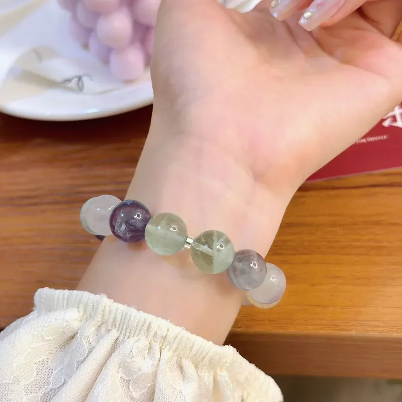 Natural purple fluorite bracelet gradual change round bead crystal bracelet rainbow color fluorite loose bead bracelet,