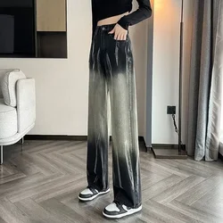Women's Jeans Gradient Straight Leg Trousers High Waist Shot Black Pants for Woman with Pockets Office Medium Wash 2000s Y2k R A