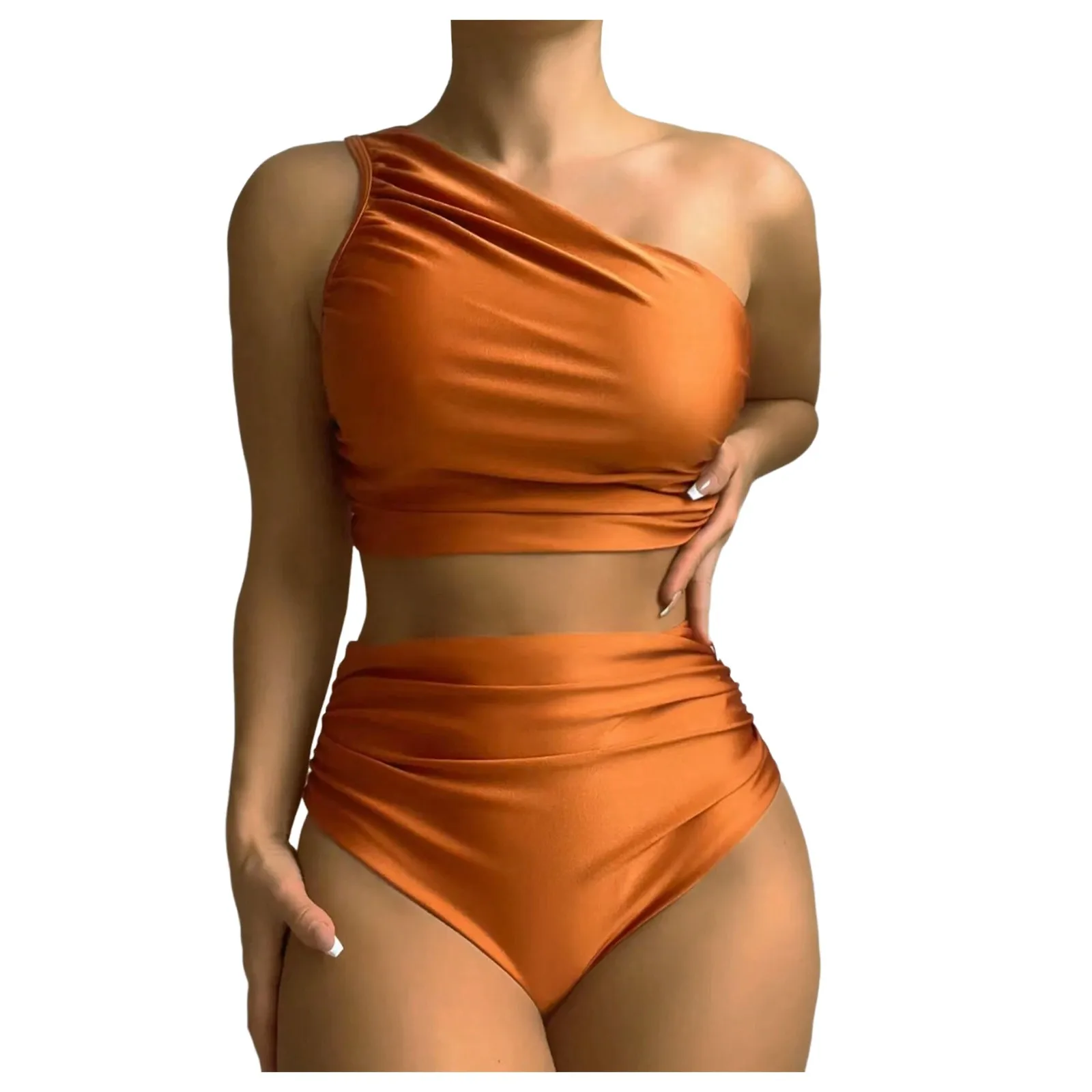 Sexy Women One Shoulder Swimwear 2024 Summer Solid Backless High Waist Bikini Beachwear Push Up Vintage Ruched Bathing Suit