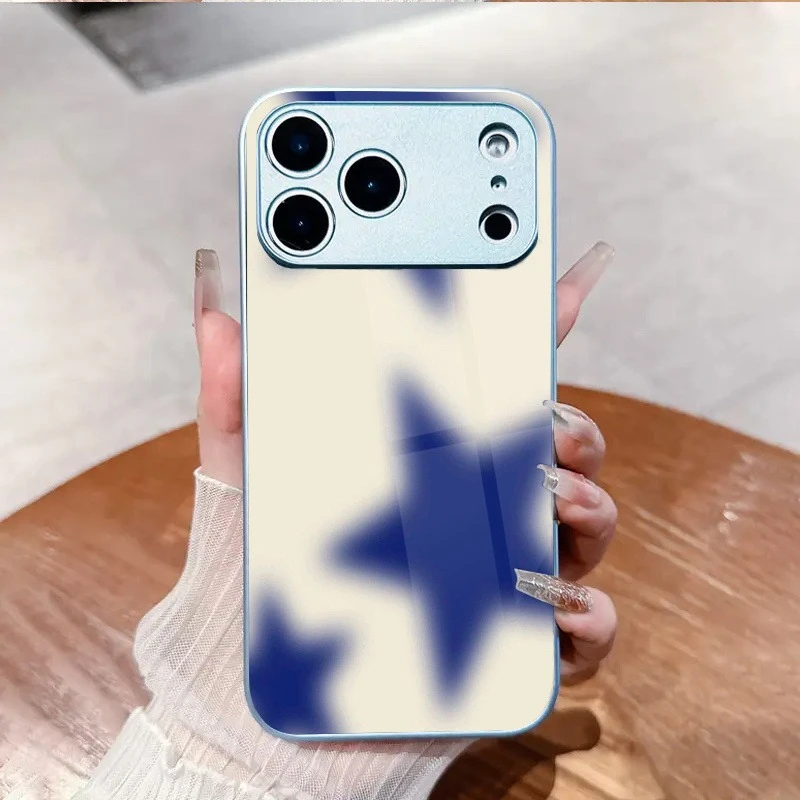 Blue Star Light Base Rhyme Tempered Glass Business Design Phone Case for iPhone 18 17 16 15 14 13 12 11 Pro Max XS XR  Plus 16E