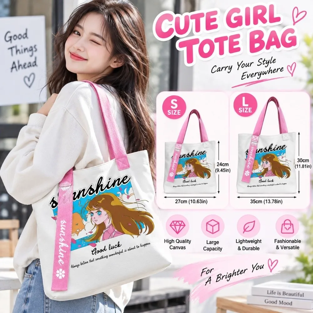 Eco Friendly Cartoon Print Canvas Tote Bag Large Capacity Reusable Canvas Bag Grocery Bag Anime Girl Lunch Bag Outdoor Activity