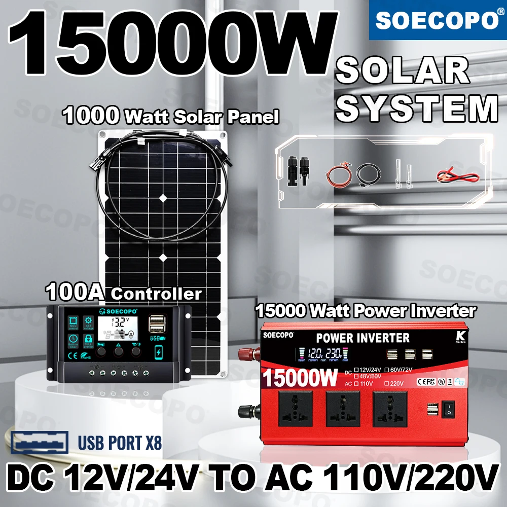 15000W Peak Complete Solar System Kit Panel 12V/24V To 110V 220V Inverter Rated Power 1200W 100A Controller Off Grid for Home RV