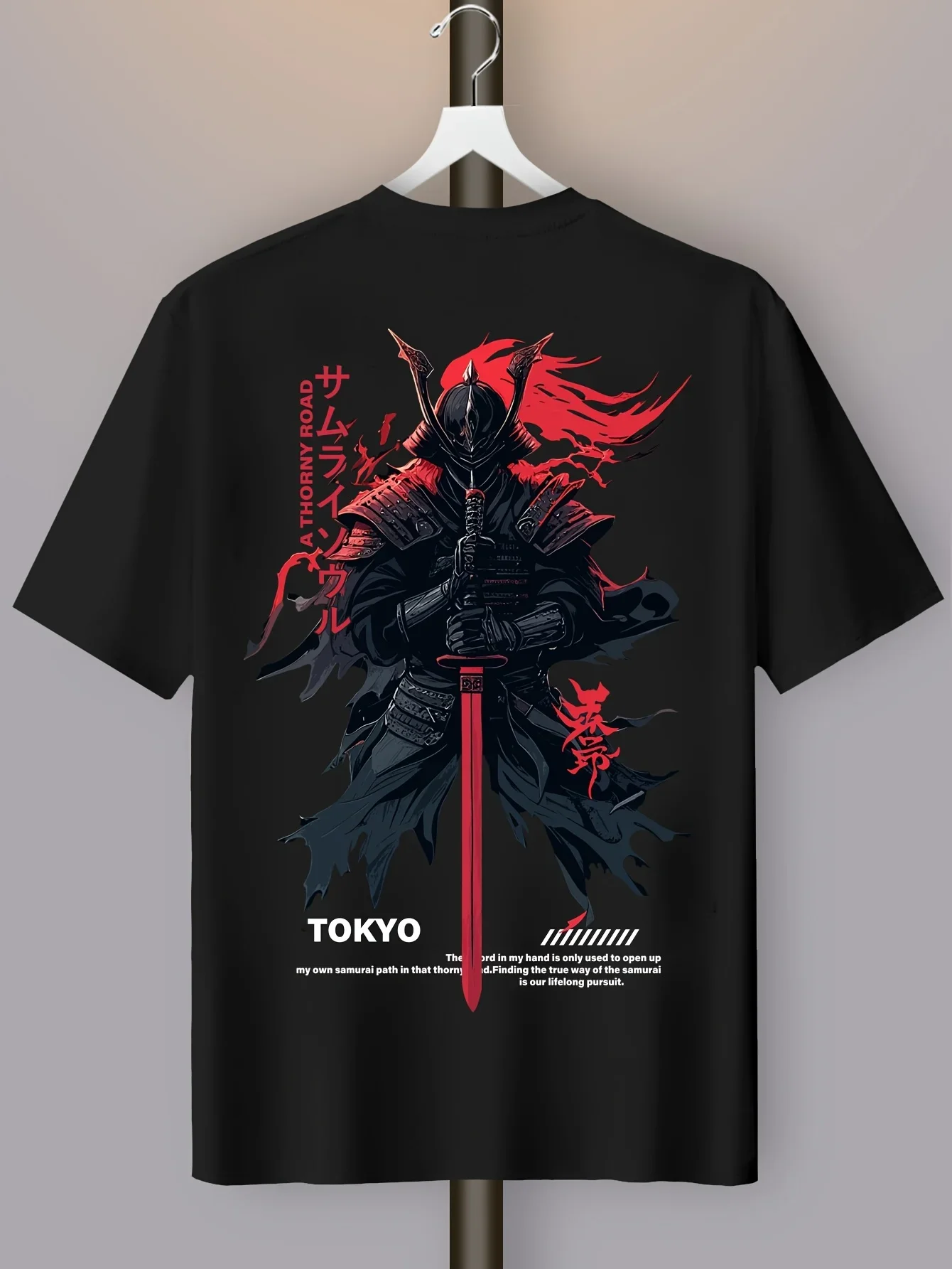 Herren Oversize T-Shirt mit japanischem Samurai- "Tokyo"-Muster für den Sommer, Lässiges Baumwoll-Kurzarm-Oberteil