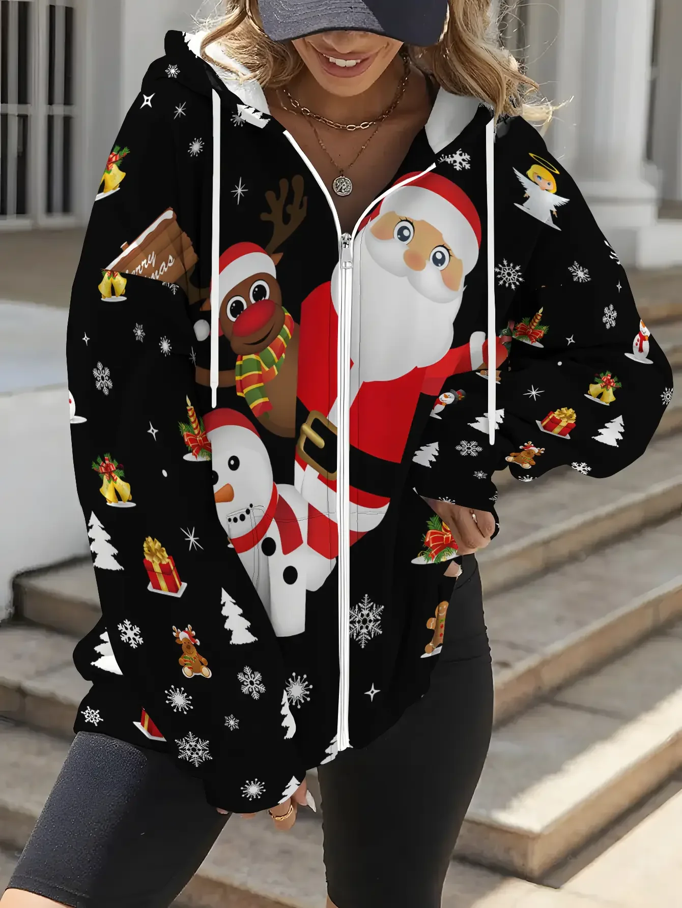 

Christmas women's new hoodie zipper jacket, Women's plus size loose full zipper hooded sweatshirt