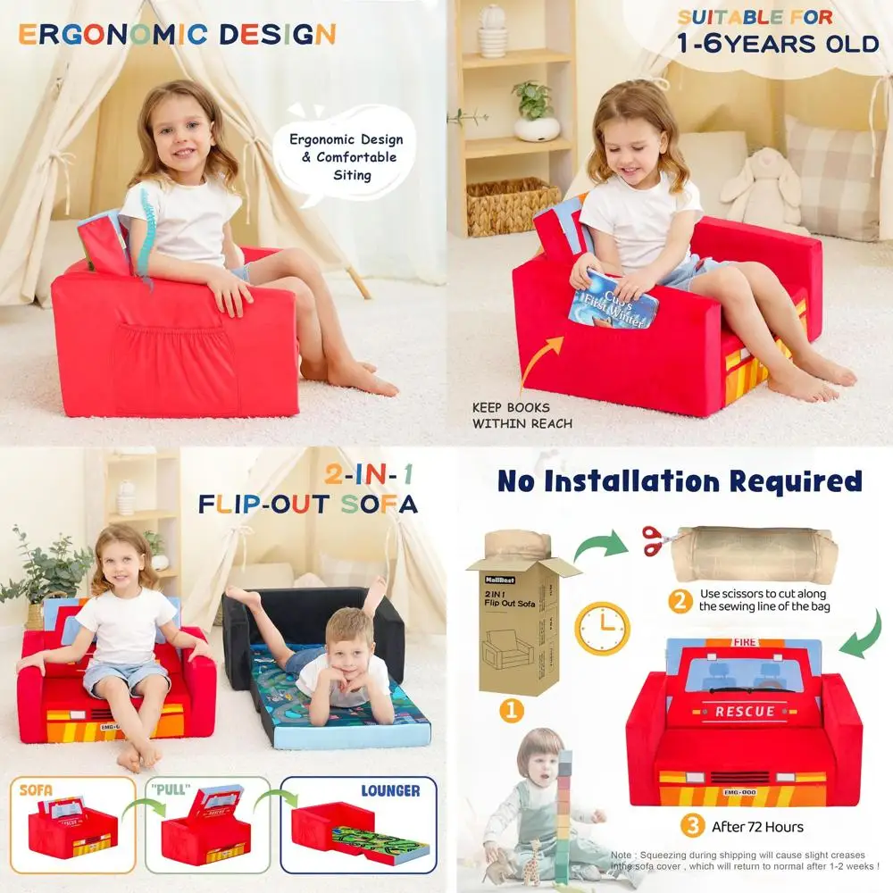 

Мягкий диван-кресло с обивкой на тему красного грузовика для детей