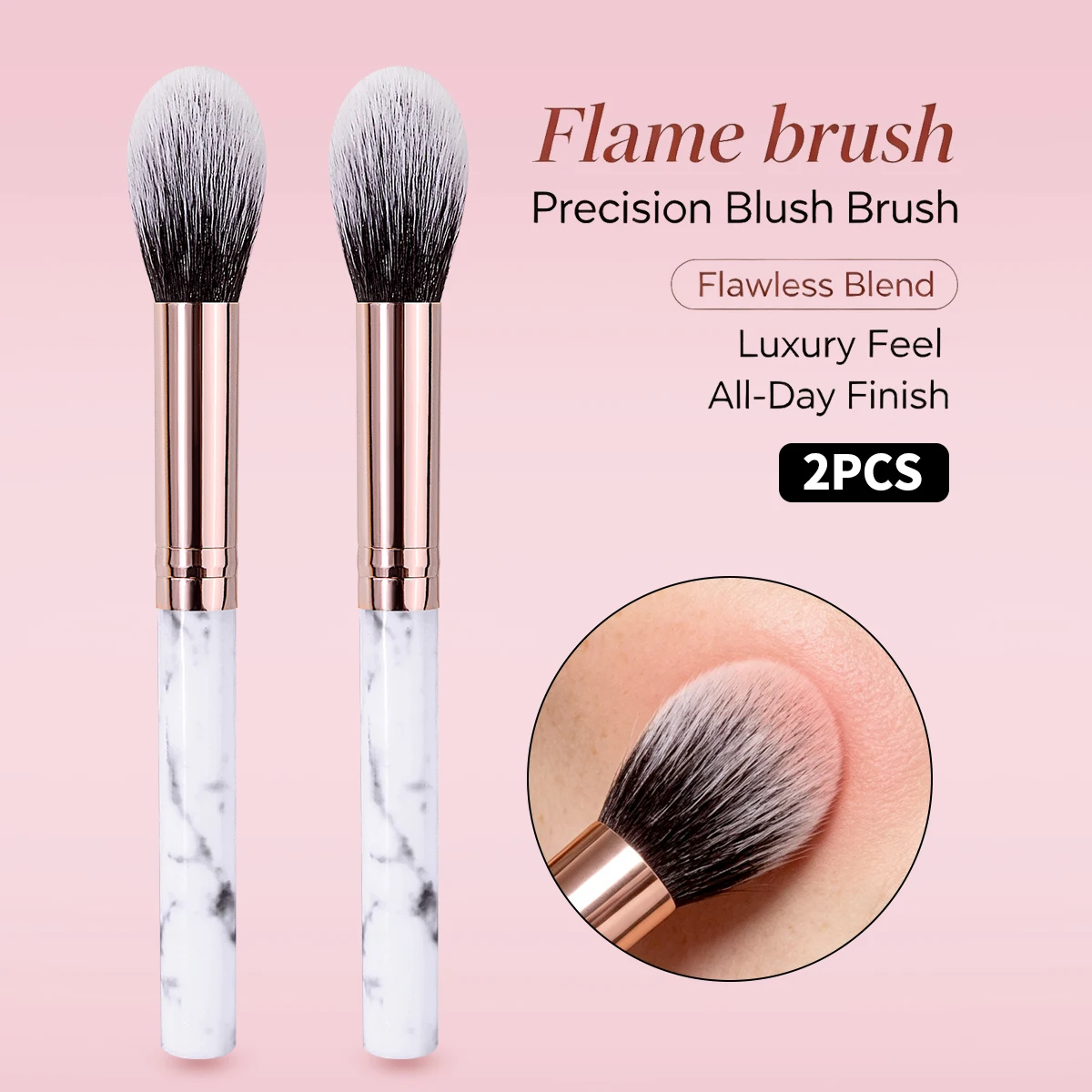 2Pcs Flame Blush Brush Set, Marble Handle Precision Makeup Brushes, Soft Flawless Blend Cosmetic Brush for Blush Contour Daily M