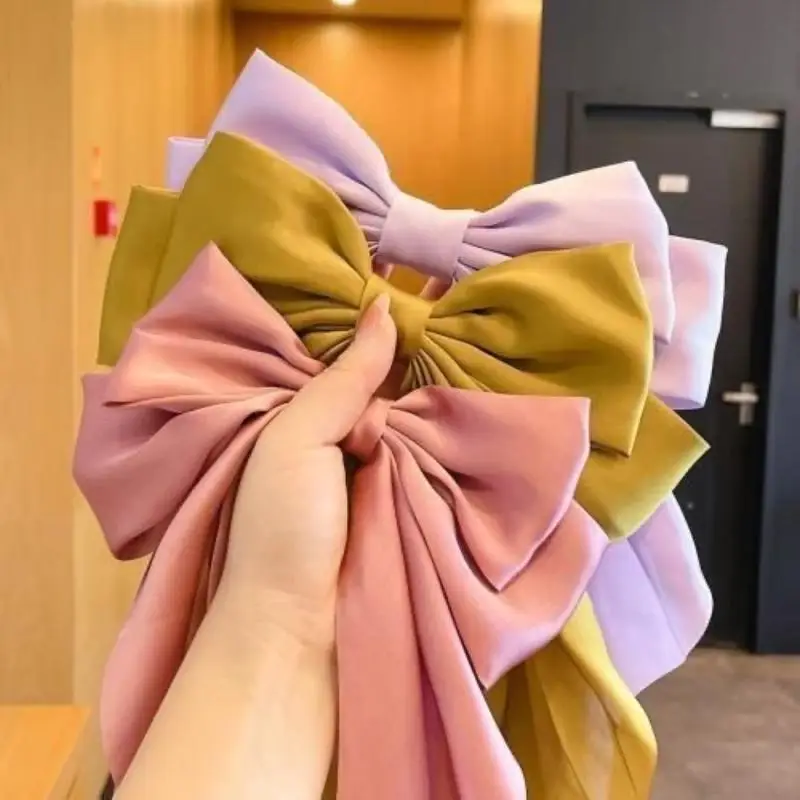 Koreanische Accessoires Haarspangen für Frauen und Mädchen, große Schleife aus festem Satin, lange Bandschleifen, Federklemme, Haarspange für Damen 2026 – Detail 7
