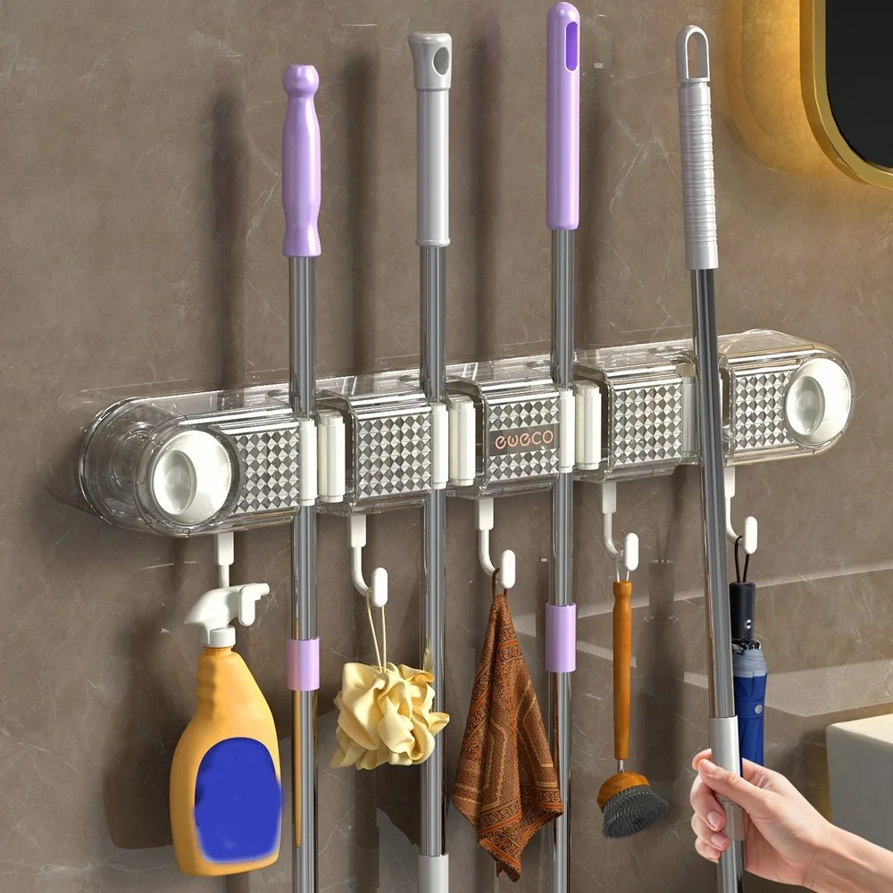

Creative Plastic Suction Cup Mop Clamp Wall Hanging Non Punching Broom Mop Holder Non-slip Reusable Broom Hanger Bathroom