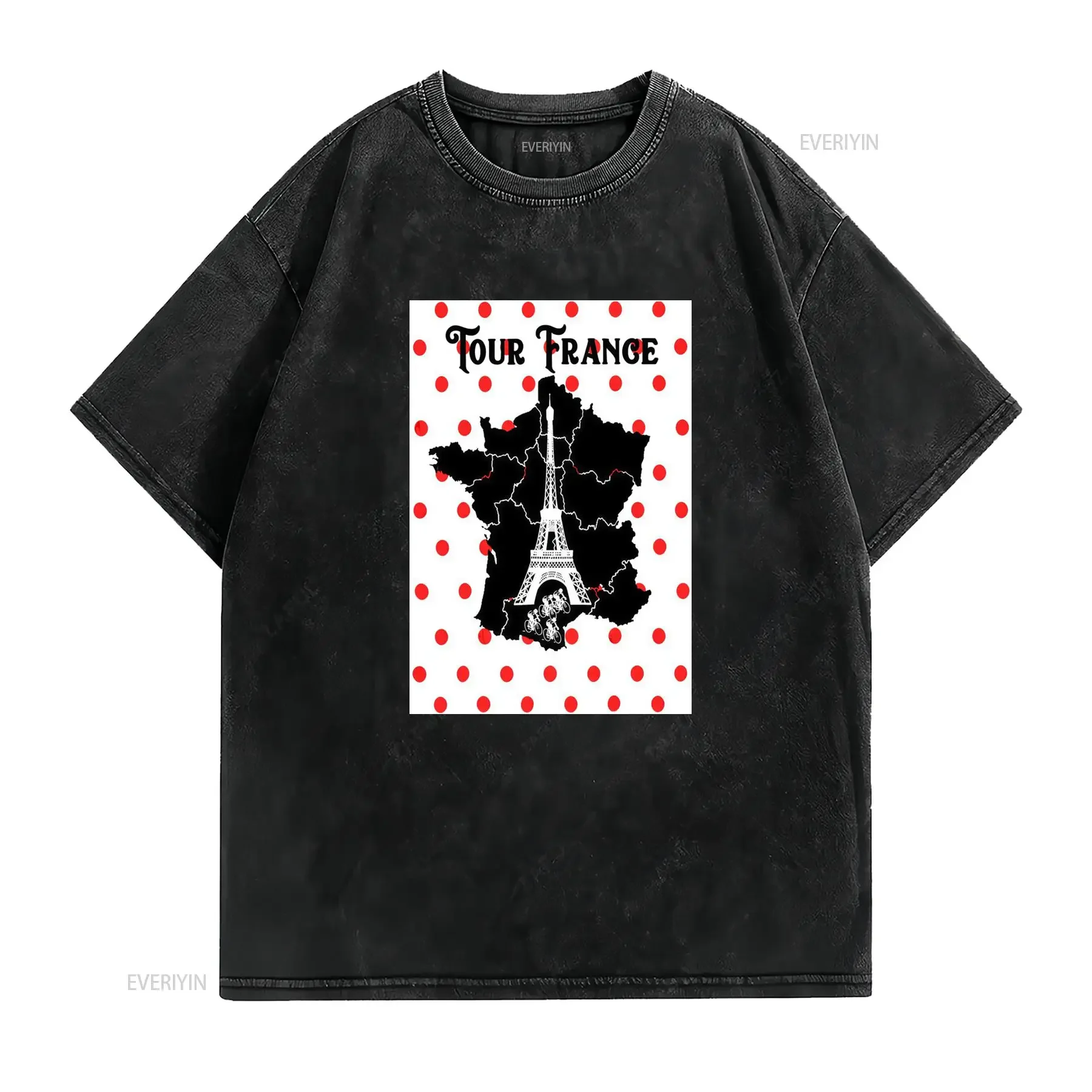 Vintage Cycling Tour France Print T Shirt Casual Sporty Eiffel Tower French Map Red Polka Dot Streetwear vintage Washed