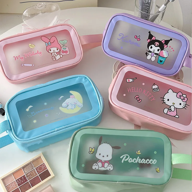 Sanurgente-Trousse de toilette transparente imprimée Anime Hello Kitty, sac de rangement étanche, mignon, PVC, Pochacco Kuromi, rangement pour vêtements d'extérieur