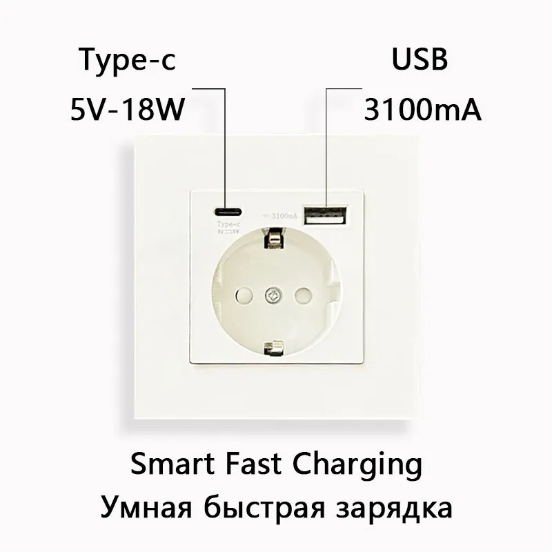 EU Standard Double USB Wall Power Socket,Electrical Socket Wall Plug with Type-c Usb Fast Charing Port 16A PC Panel Outlet 220V