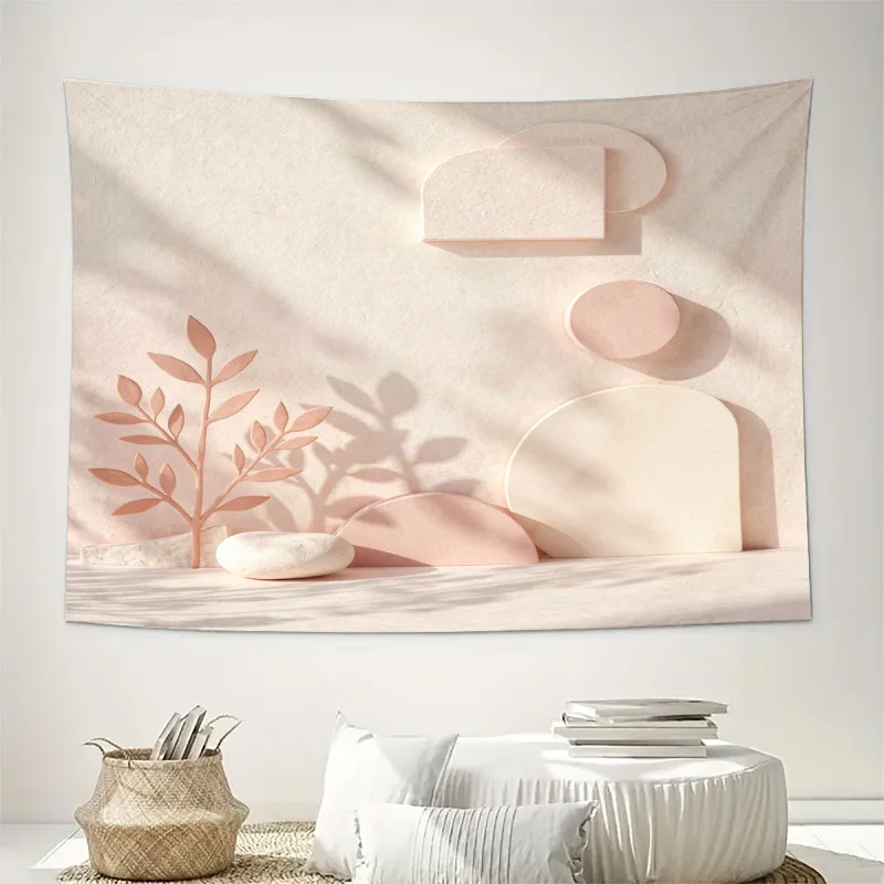 Abstract Minimalist Boho Tapestry Wall Hanging Geometric Beige Botanical Leaves Scandi Nordic Living Room Decor Art