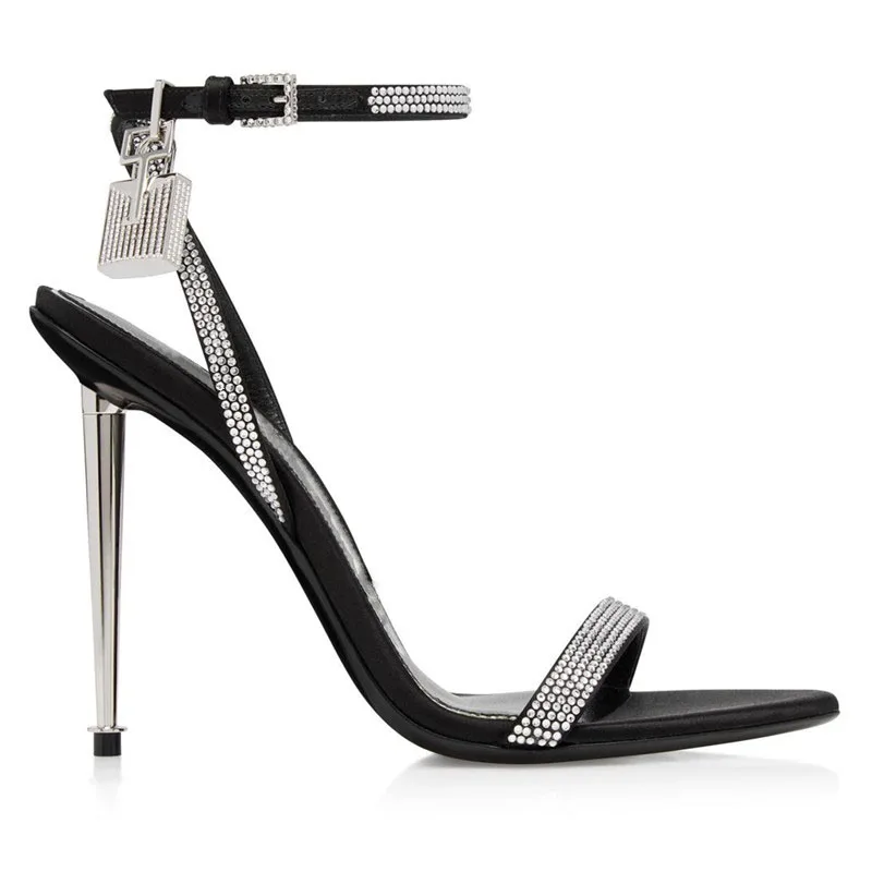 

Sexy Crystal Bling Padlock Ankle Strap Sandals Woman Rhinestone Strap Open Toe Metal High Heel Cutout Party Shoes Zapatos