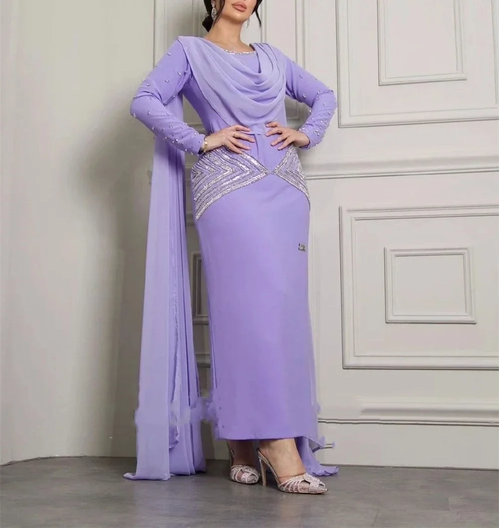 Customized Elegant long satin beaded sequin dress Luxury A-line O-neck evening gown formal party dance dress 2026