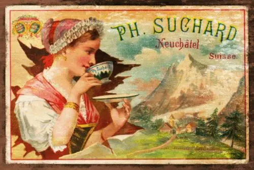 Letrero metálico estilo vintage con diseño de chocolate caliente suizo Suchard, letrero tipo placa.