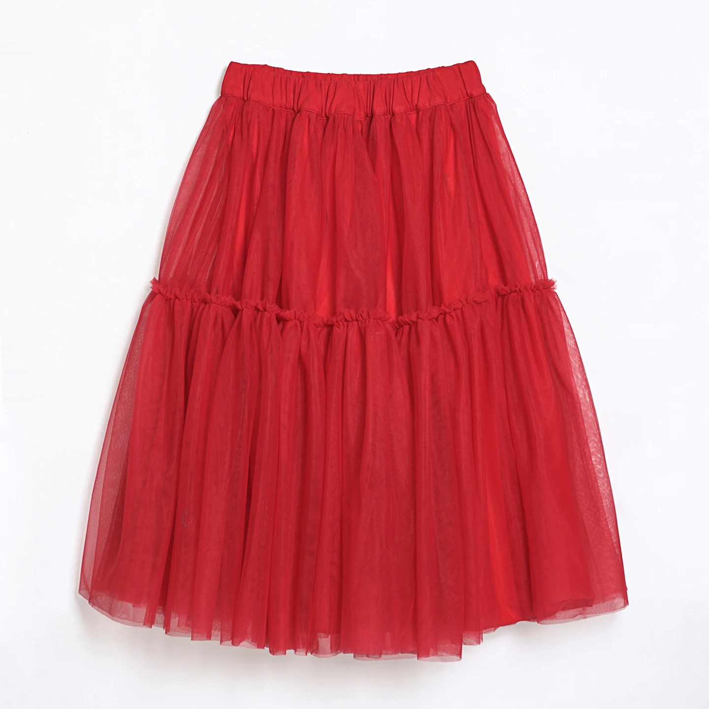 IMAKOKONI Red Tulle Midi Skirt Women Elastic Waist Tiered Ruffle Tutu Skirt A-Line Flowy Party Skirt 265409