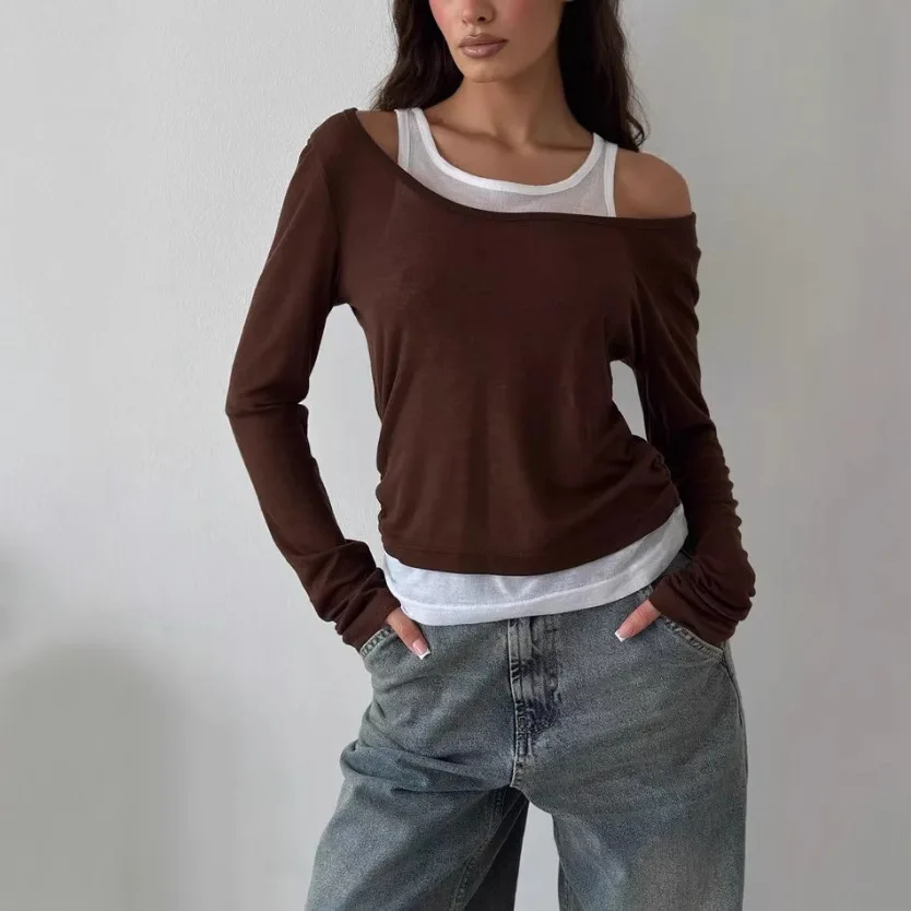 Fake Two Contrasting Long Sleeved T-shirts for Women Spring Autumn 2025 New Fashion Splicing Collar Sexy Short Y2k Top Women