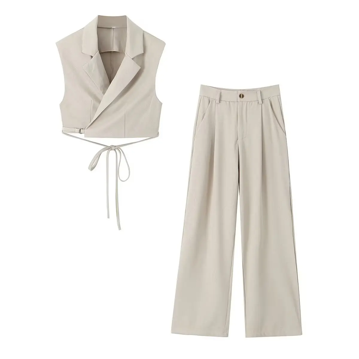 

2024 Spring Summer New Women's Suit, Western Style Tie Collar Vest with High Waist Loose Pants Set