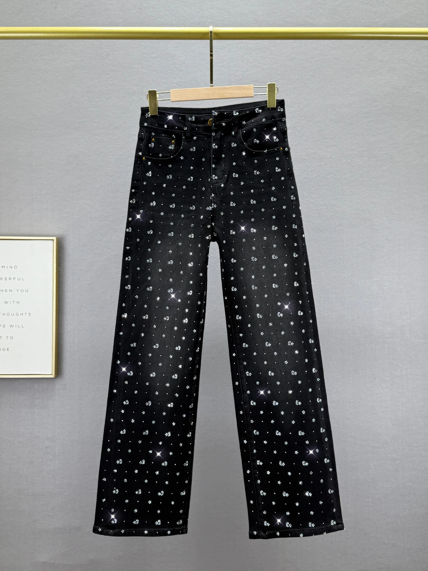 

Bla Rhinestone Embellied High Waist Straight Leg Jeans Women's Loose Fit Slimming Long Trousers Autumn New Arrival